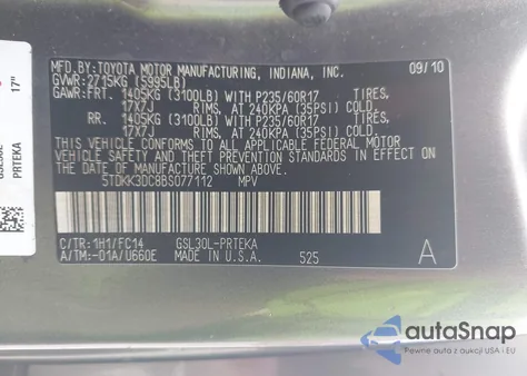 2011 Toyota Sienna Le V6/Le V6 Auto Access Seat из США, поврежденный, VIN 5TDKK3DC8BS077112